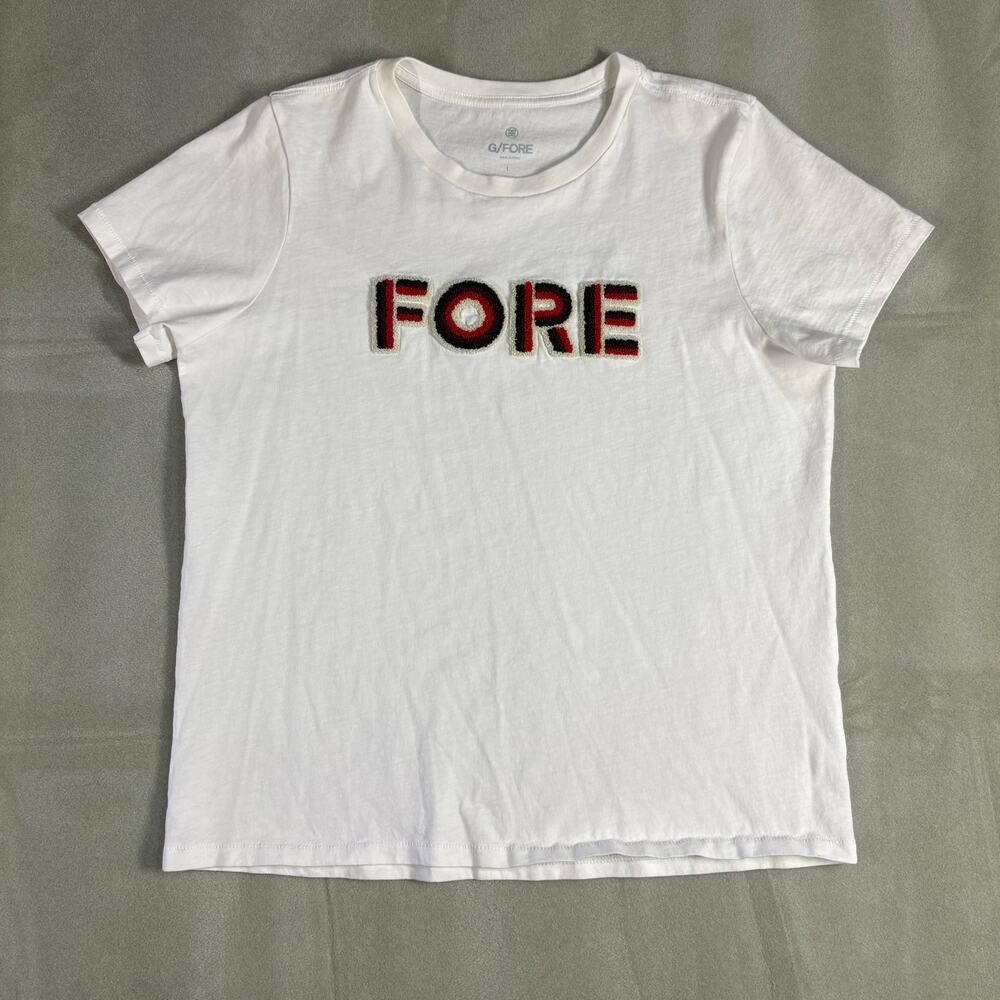 G/FORE Women's White Cotton‎ FORE Chenille Patch T-Shirt Size L Preowned